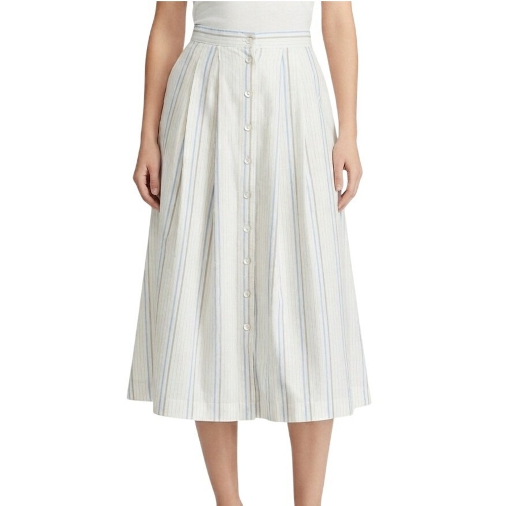 Ralph Lauren Vintage 90s Cotton Midi Skirt Women 8 Blue White Striped Button